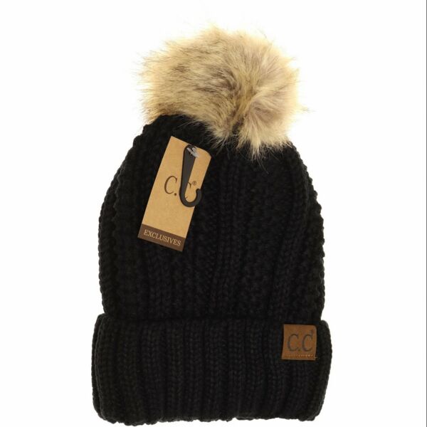 Fuzzy Lined Fur Pom CC Beanie  Thumbnail